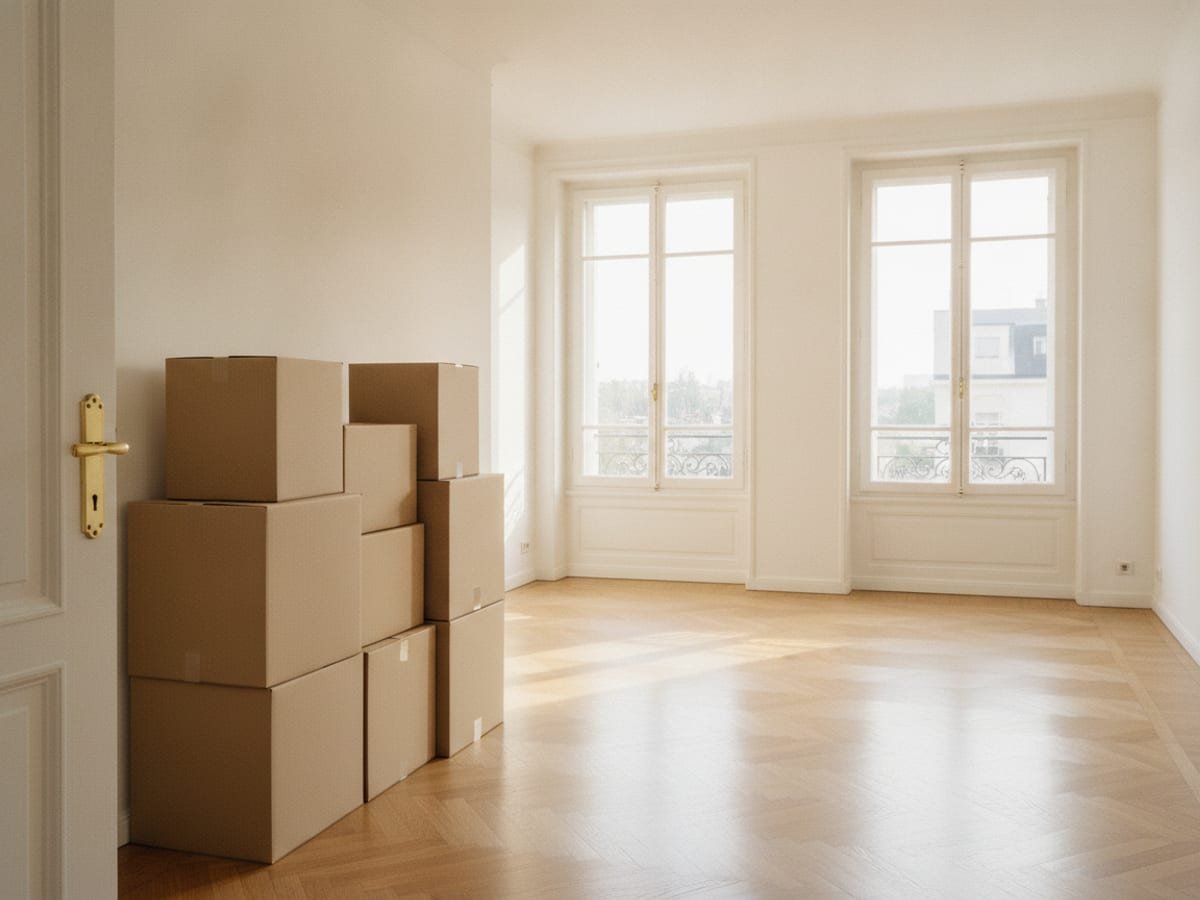 Cartons de déménagement rangés dans un couloir ensoleillé